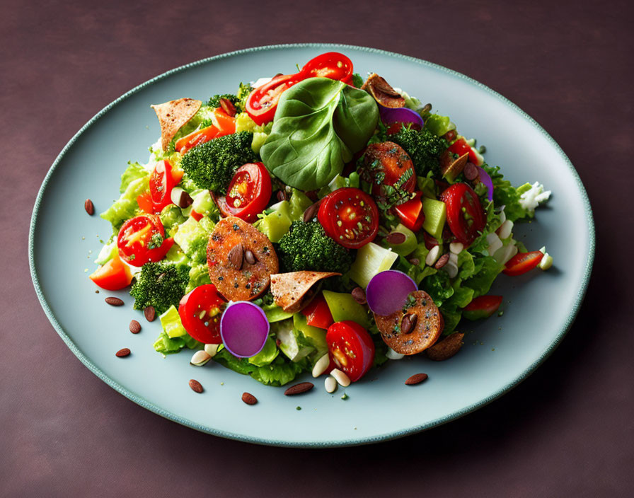 Colorful Garden Salad with Tomatoes, Broccoli, Red Onion, Lettuce, Crout