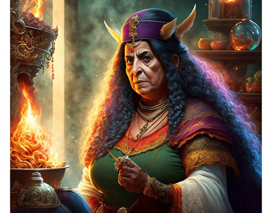 Elderly Female Orc in Purple Robe with Scepter by Flaming Cauldron