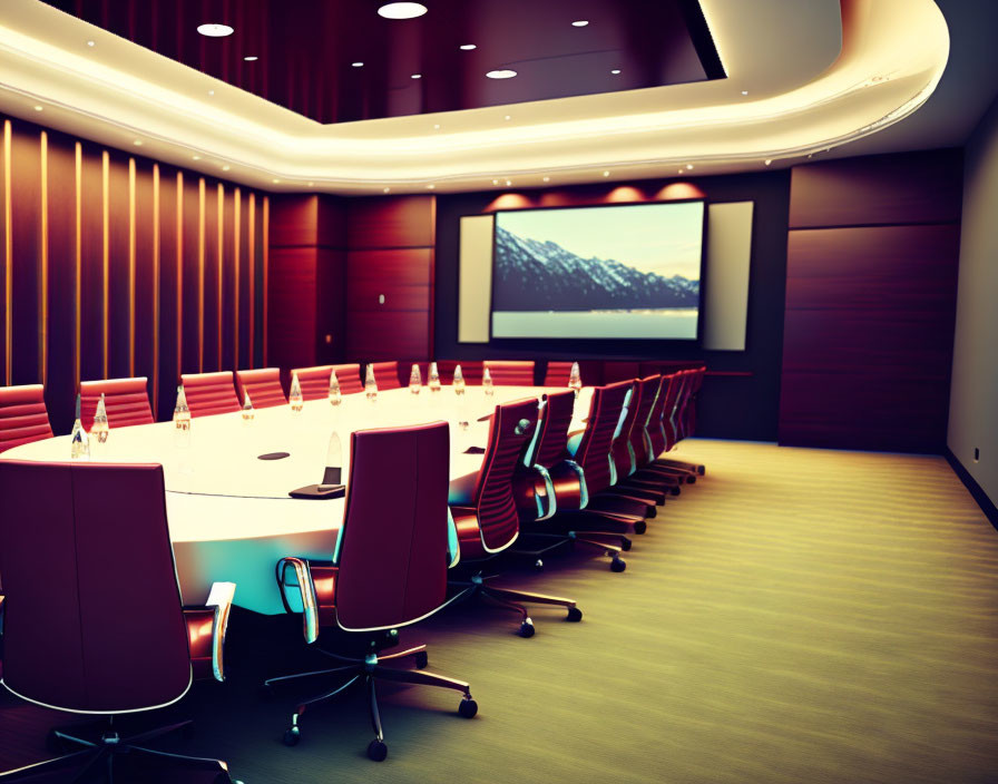 Spacious conference room with large table, leather chairs, and wall projection screen