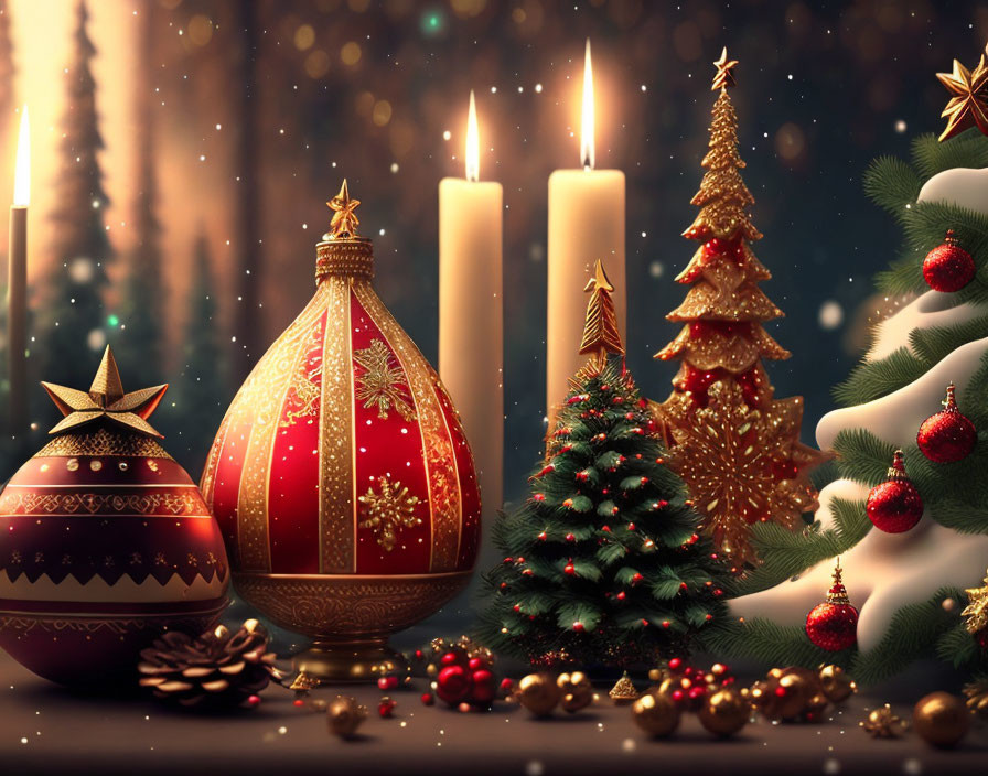 Festive Christmas scene with candles, red bauble, trees, and snowflakes