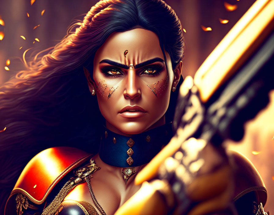 Warrior woman with dark hair, face paint, ornate armor in fiery setting