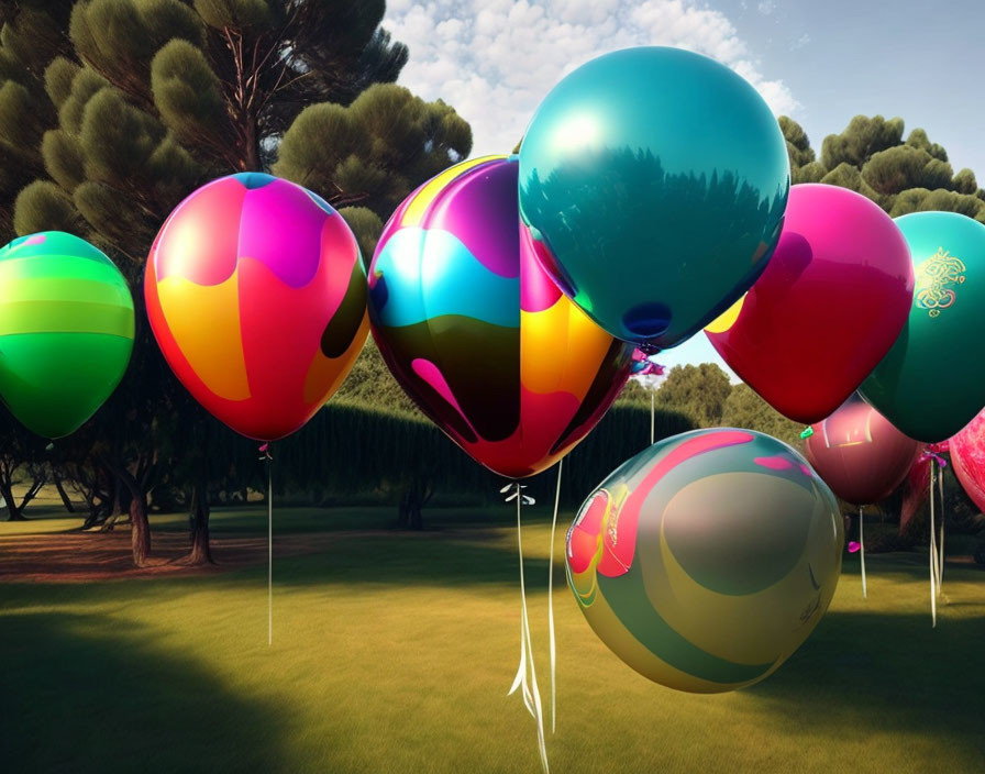 Vibrant patterned balloons float over grassy field