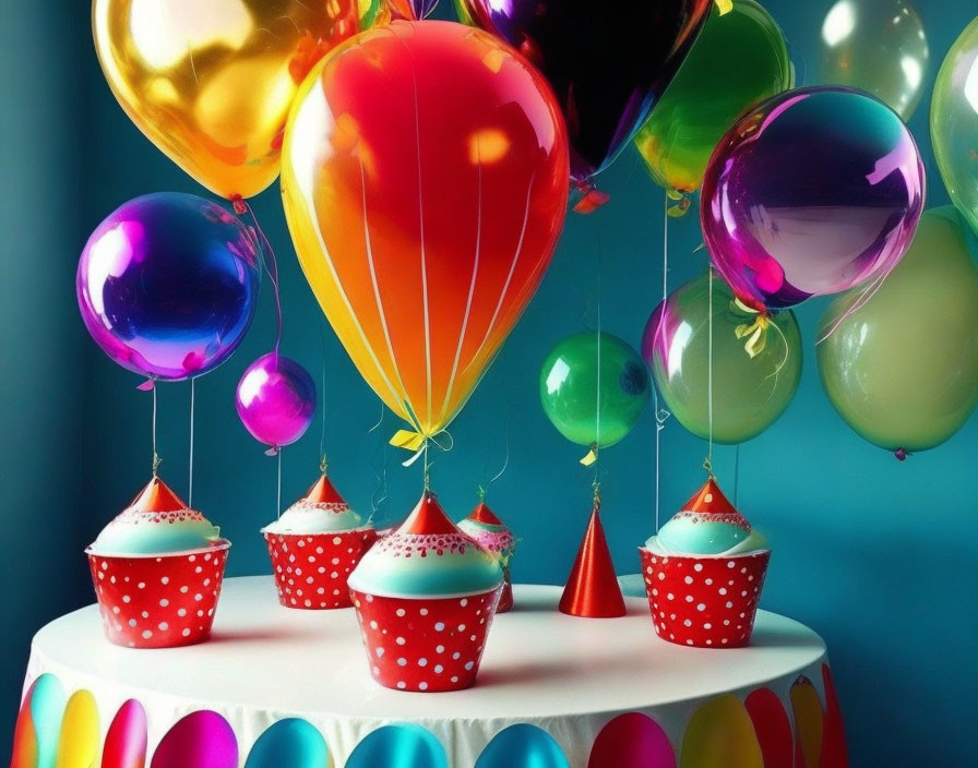 Vibrant balloons and cupcakes on teal background