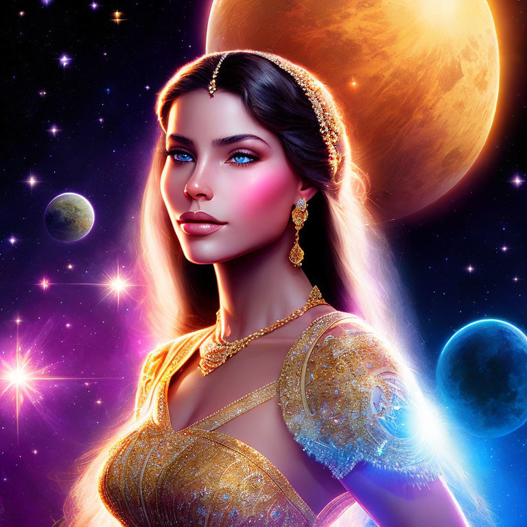 Stylized portrait of a woman with blue eyes and gold jewelry in cosmic setting