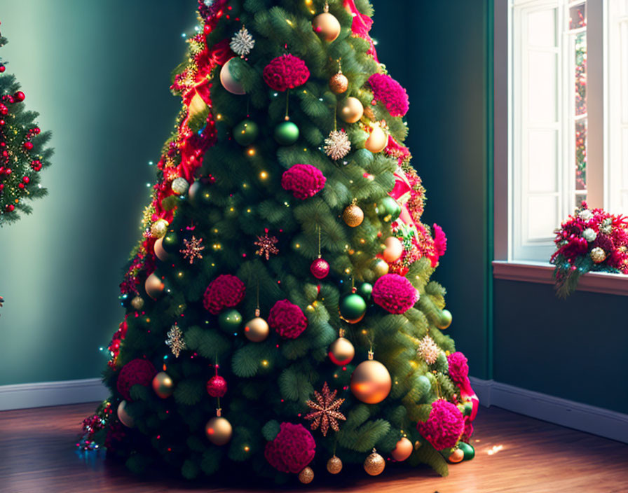 Festive Christmas tree with red and green ornaments and star-shaped decorations