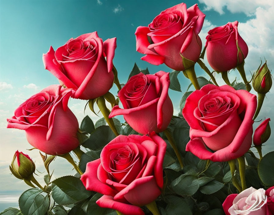 Bright pink roses blooming under blue sky