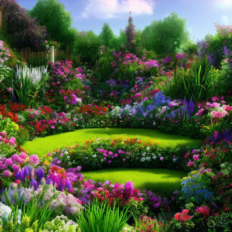 Colorful Flower Garden with Winding Paths & Lush Greenery