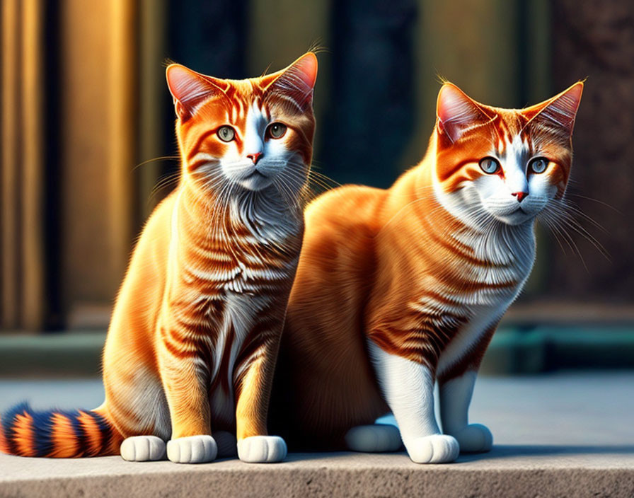 Two animated orange tabby cats with blue eyes in warm sunlight