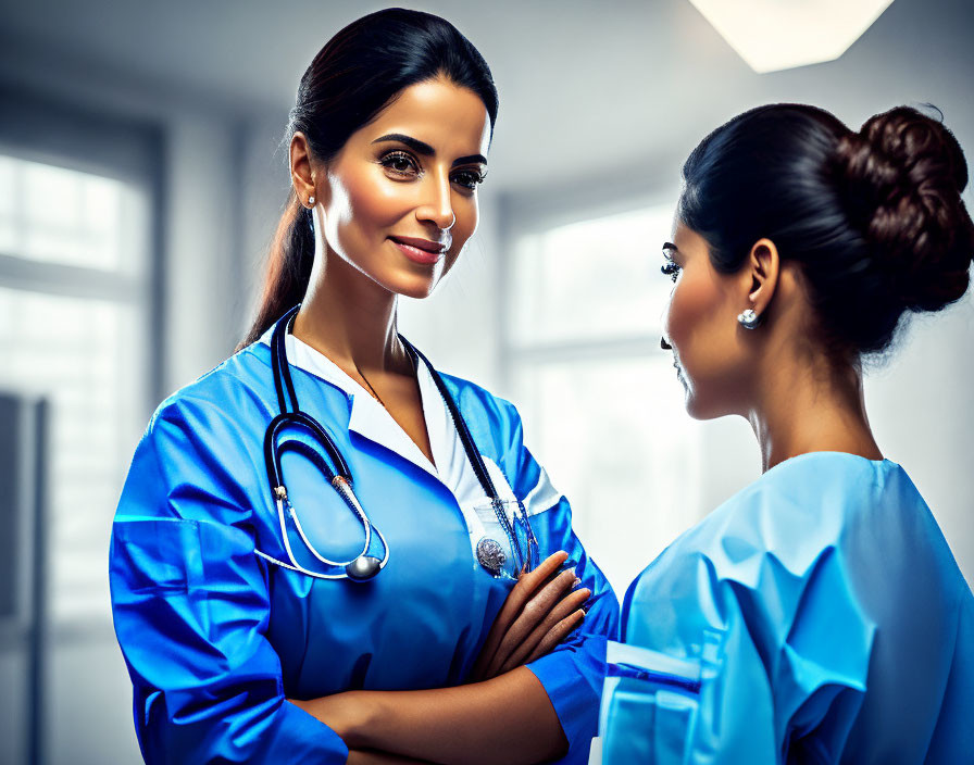 Healthcare Professionals in Blue Scrubs Smiling in Modern Clinic