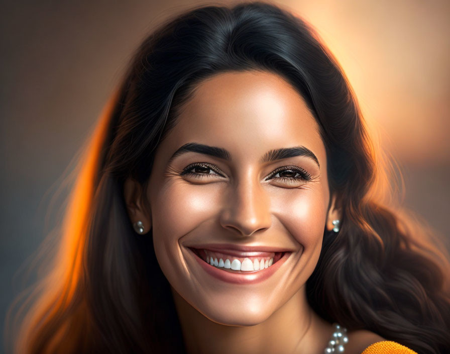 Smiling woman digital portrait with dark hair and glowing skin