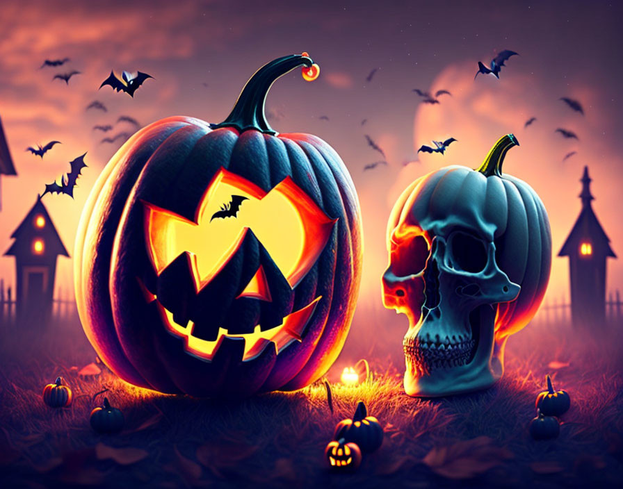 Carved Jack-o'-lantern and Skull Pumpkin in Twilight Scene