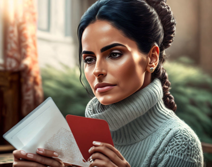 Blue-haired woman in gray turtleneck sweater with book and red passport-sized booklet