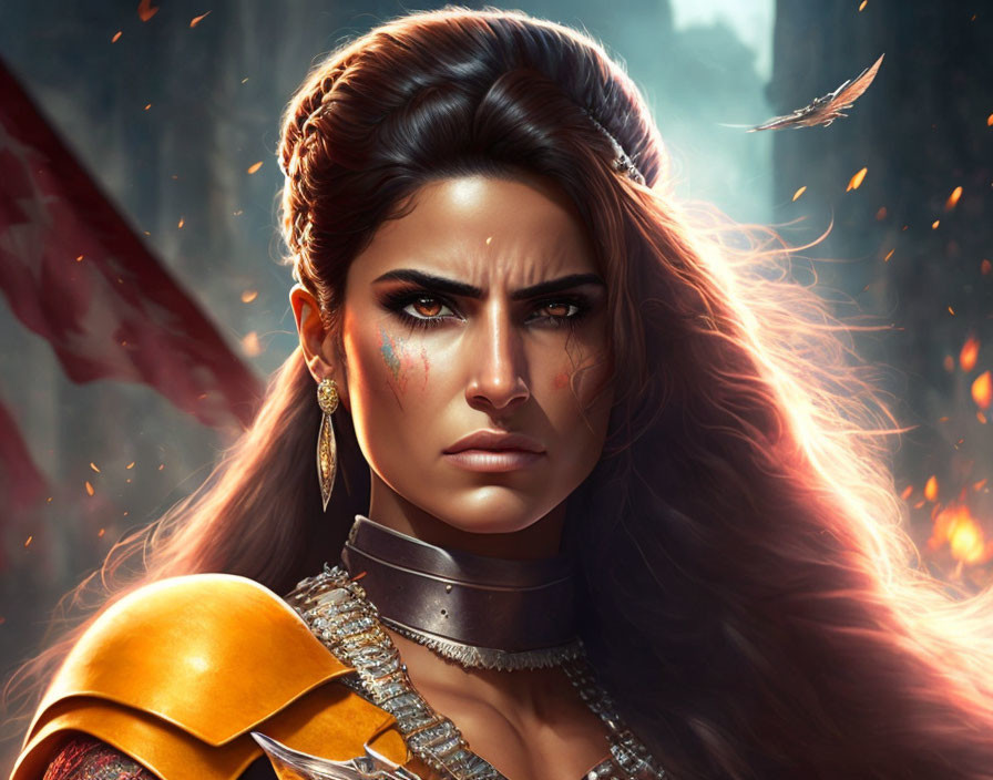 Digital artwork of determined woman in warrior armor against fiery background