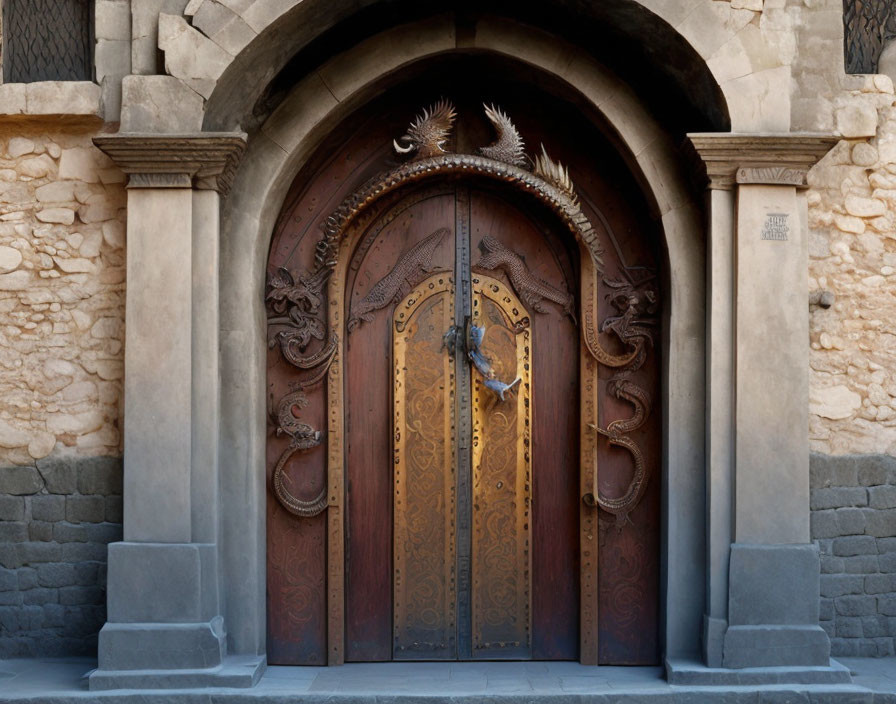 Intricate Ironwork and Carvings on Wooden Door