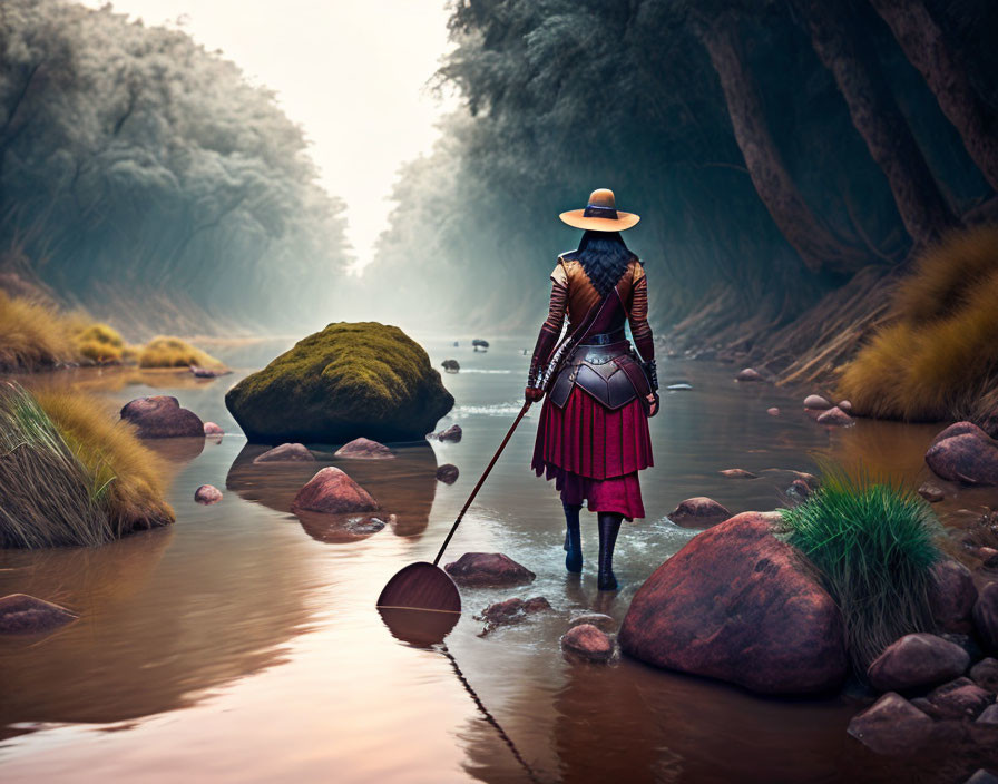 Traditional samurai in armor standing in foggy river with sword.