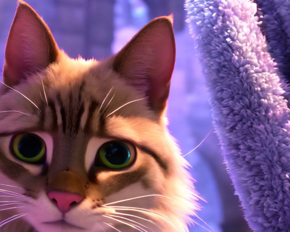 Striped fur animated cat with large green eyes in gothic setting