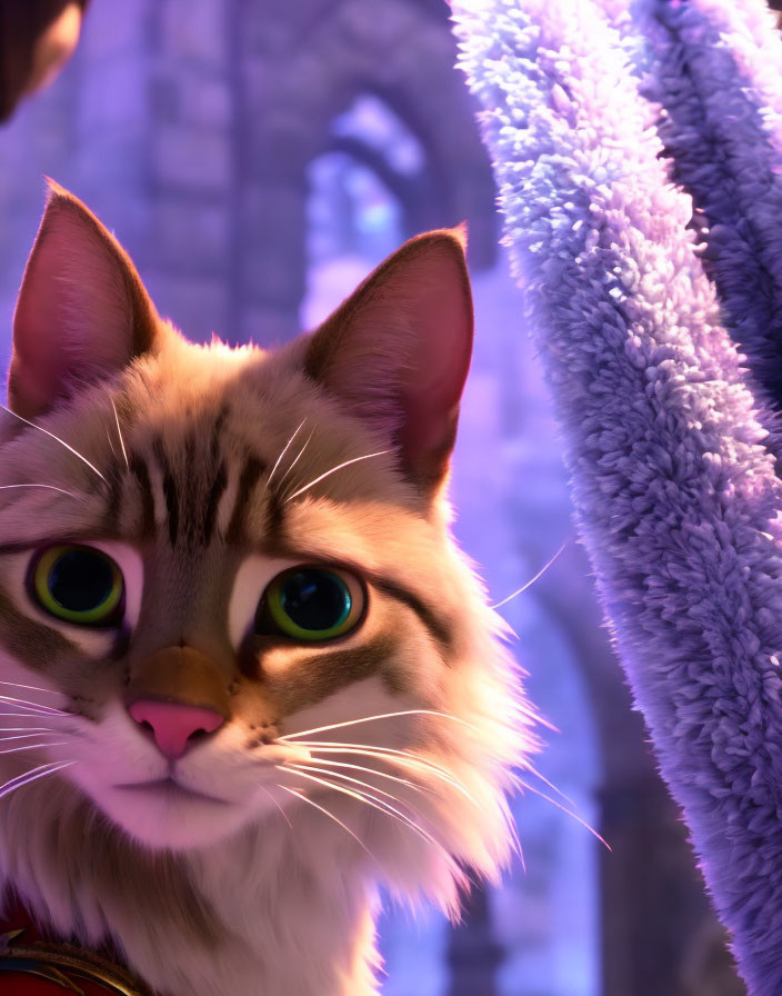 Striped fur animated cat with large green eyes in gothic setting