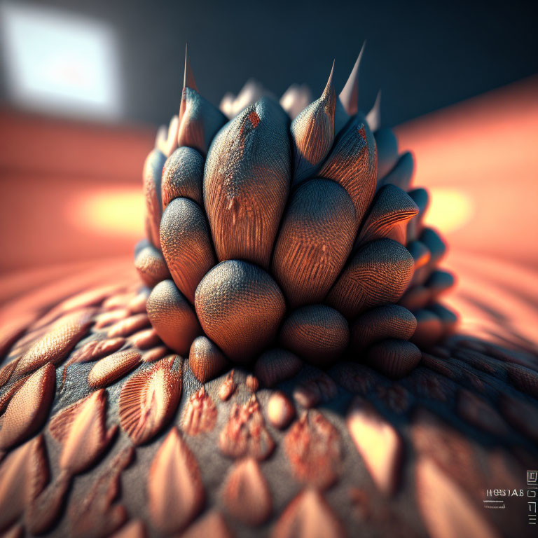 CGI-Rendered Blooming Flower with Spiky Textures on Patterned Surface