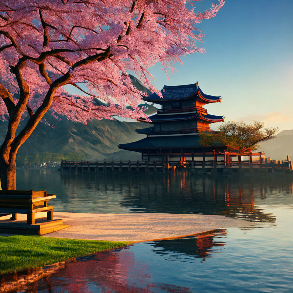 Tranquil Japanese landscape with cherry blossom tree, pagoda, and mountains at sunset