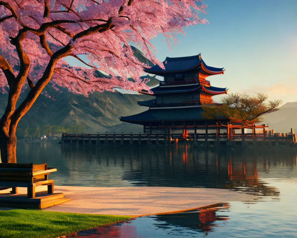 Tranquil Japanese landscape with cherry blossom tree, pagoda, and mountains at sunset