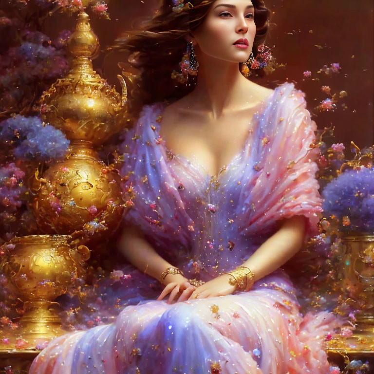 Woman in pastel star gown with golden jewelry and ornate backdrop.