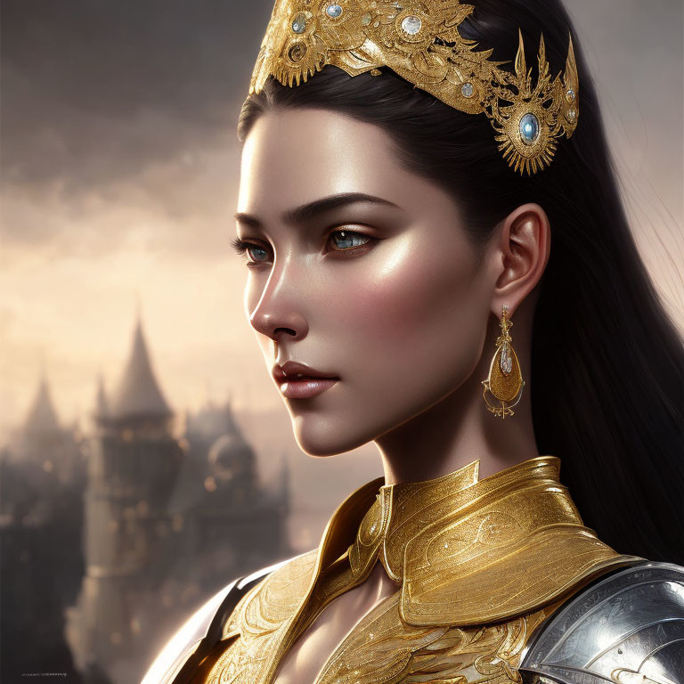 Regal woman in golden crown and armor with castle backdrop