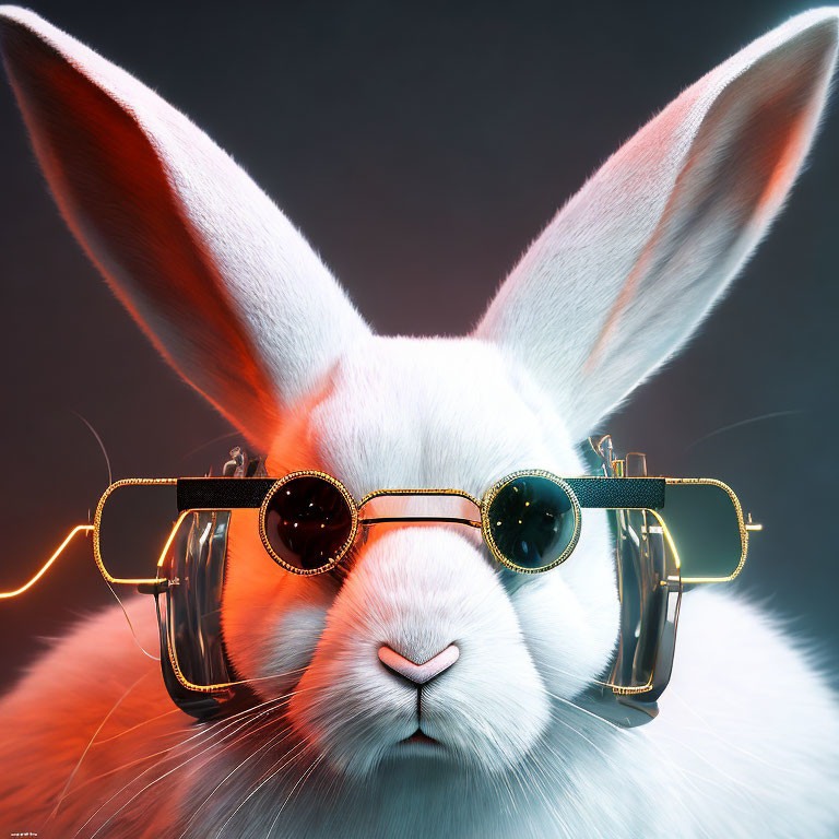 Close-Up White Rabbit with Steampunk Goggles on Dark Background