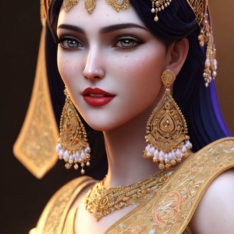 Detailed CGI female character with purple hair and gold jewelry on warm background