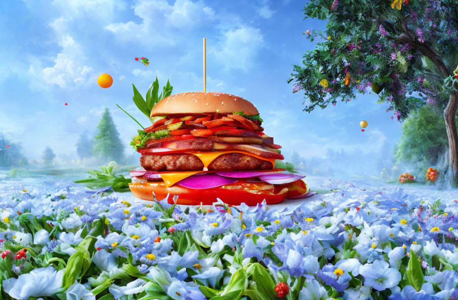 Double Patty Cheeseburger in Surreal Meadow with Purple Flowers