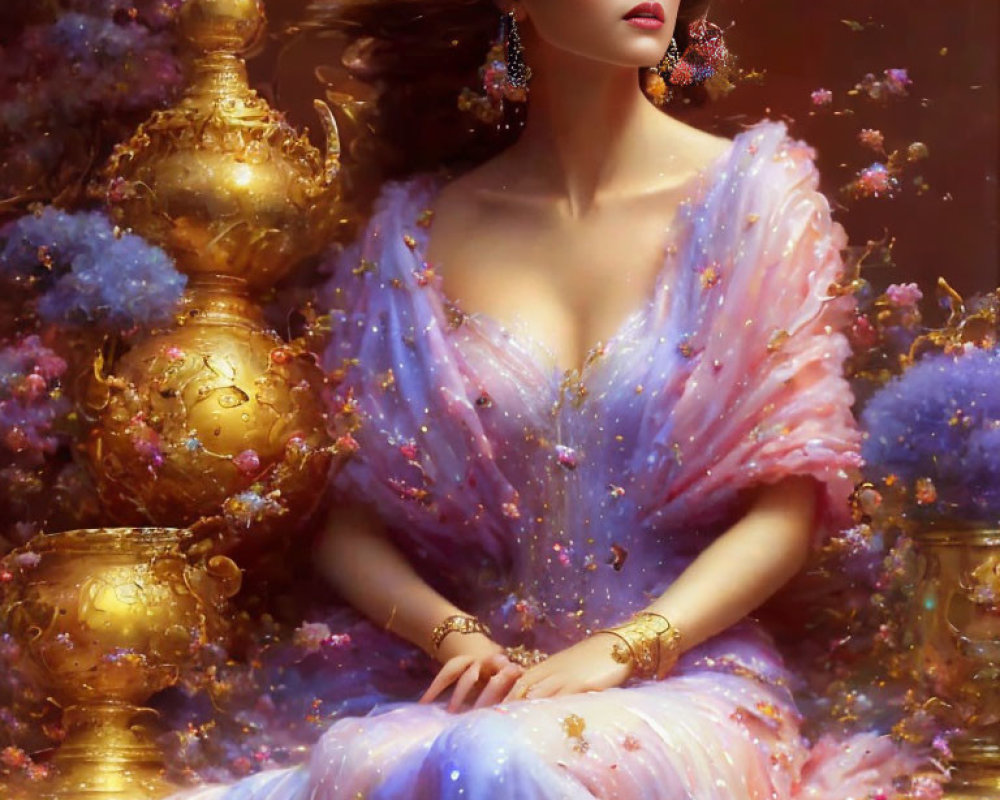 Woman in pastel star gown with golden jewelry and ornate backdrop.