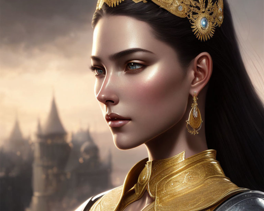 Regal woman in golden crown and armor with castle backdrop