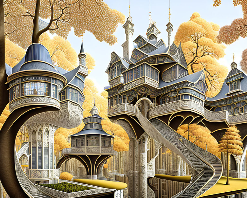 Fantasy treehouse with spiraling staircases in golden autumn setting