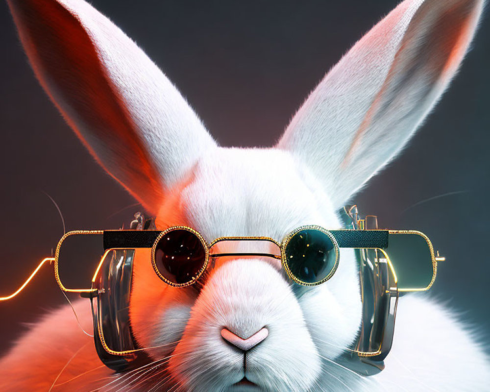 Close-Up White Rabbit with Steampunk Goggles on Dark Background