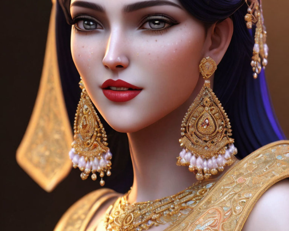 Detailed CGI female character with purple hair and gold jewelry on warm background