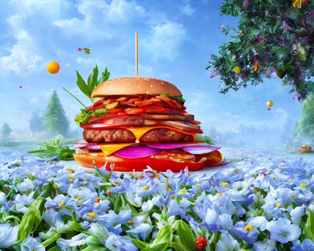 Double Patty Cheeseburger in Surreal Meadow with Purple Flowers