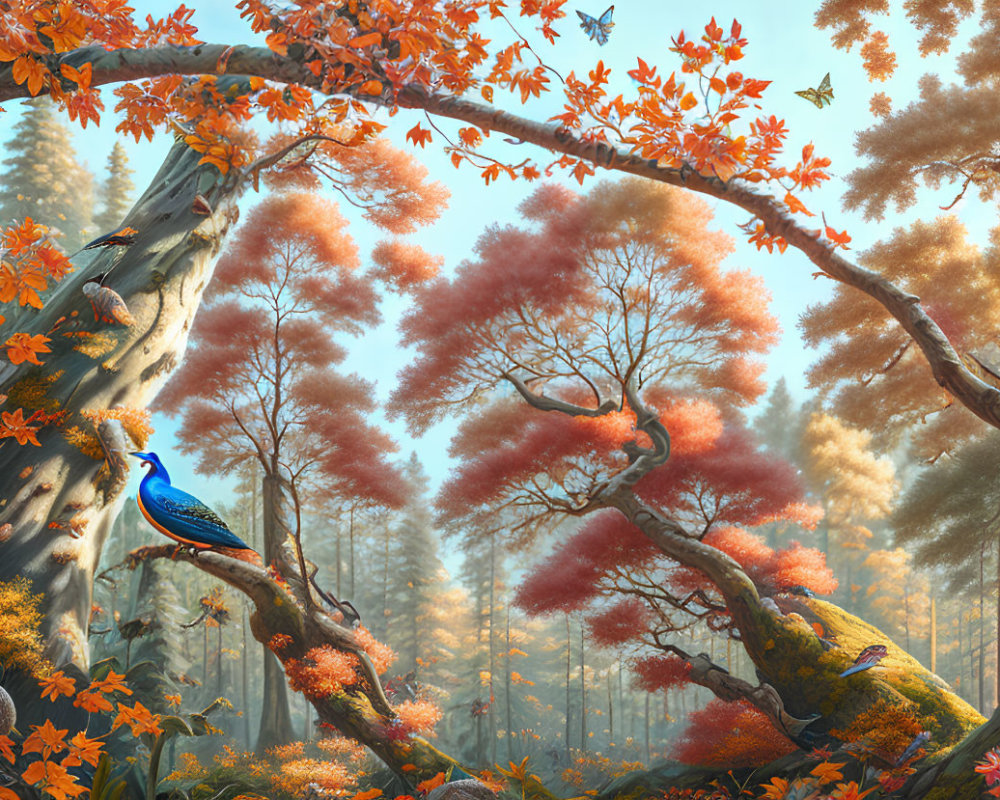 Autumn forest with peacock, butterflies, and golden foliage