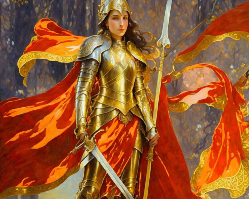 Female warrior in golden armor with spear in autumnal forest