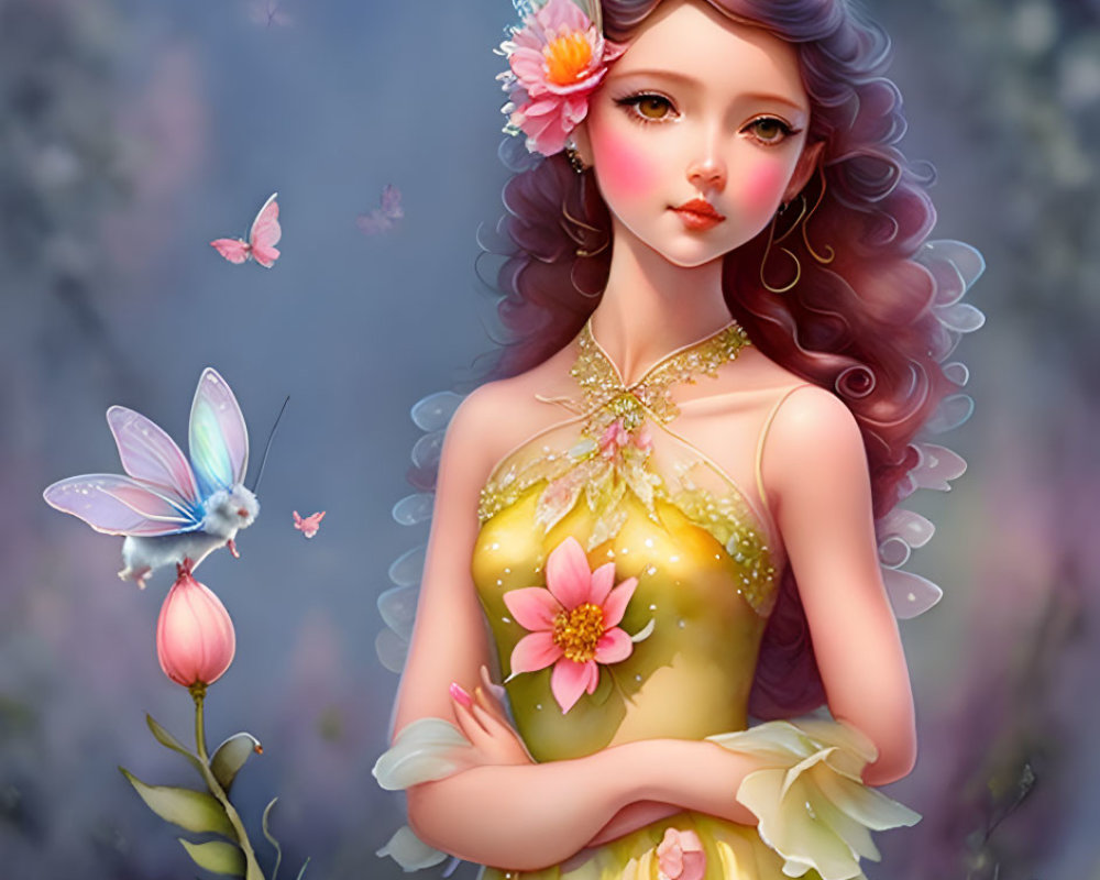 Fantasy female with butterfly wings in floral dress among butterflies