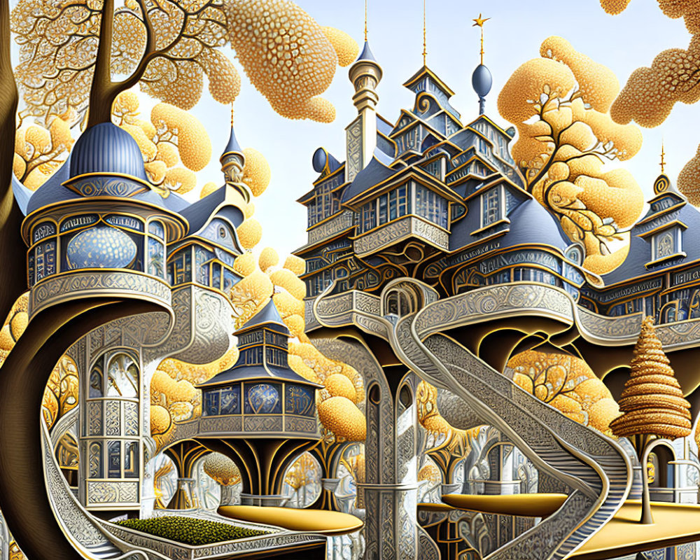 Fantastical Escher-esque architecture with golden foliage and stylized sky