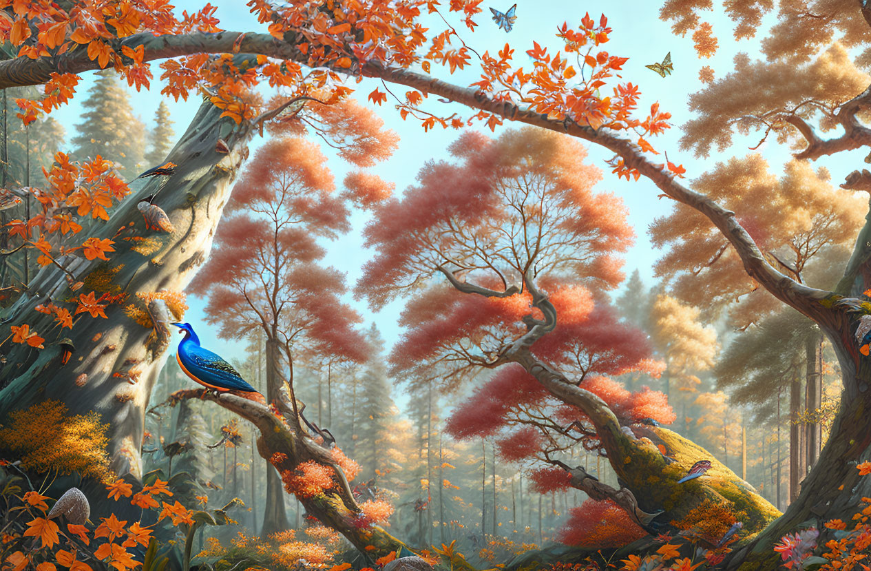 Autumn forest with peacock, butterflies, and golden foliage