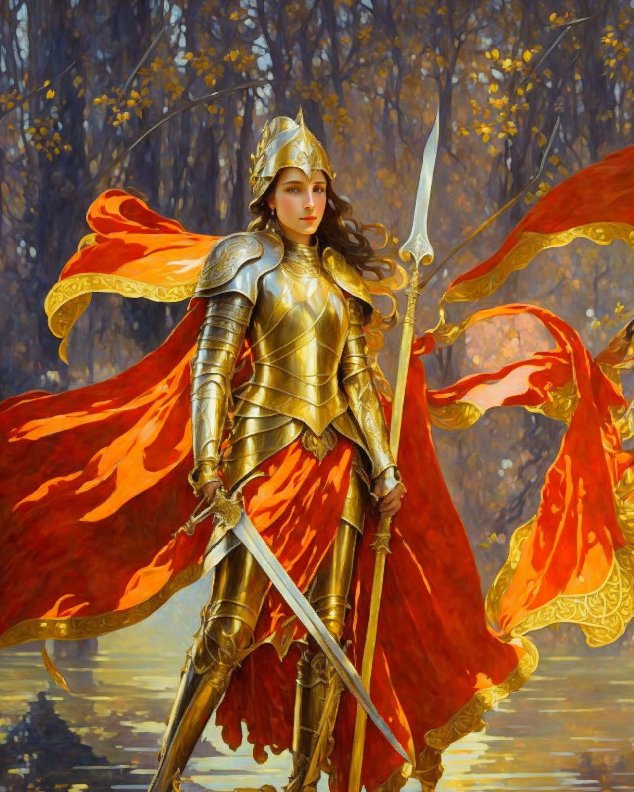 Female warrior in golden armor with spear in autumnal forest