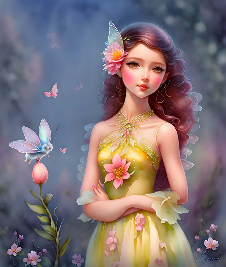 Fantasy female with butterfly wings in floral dress among butterflies