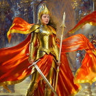 Female warrior in golden armor with spear in autumnal forest