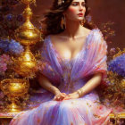 Woman in pastel star gown with golden jewelry and ornate backdrop.