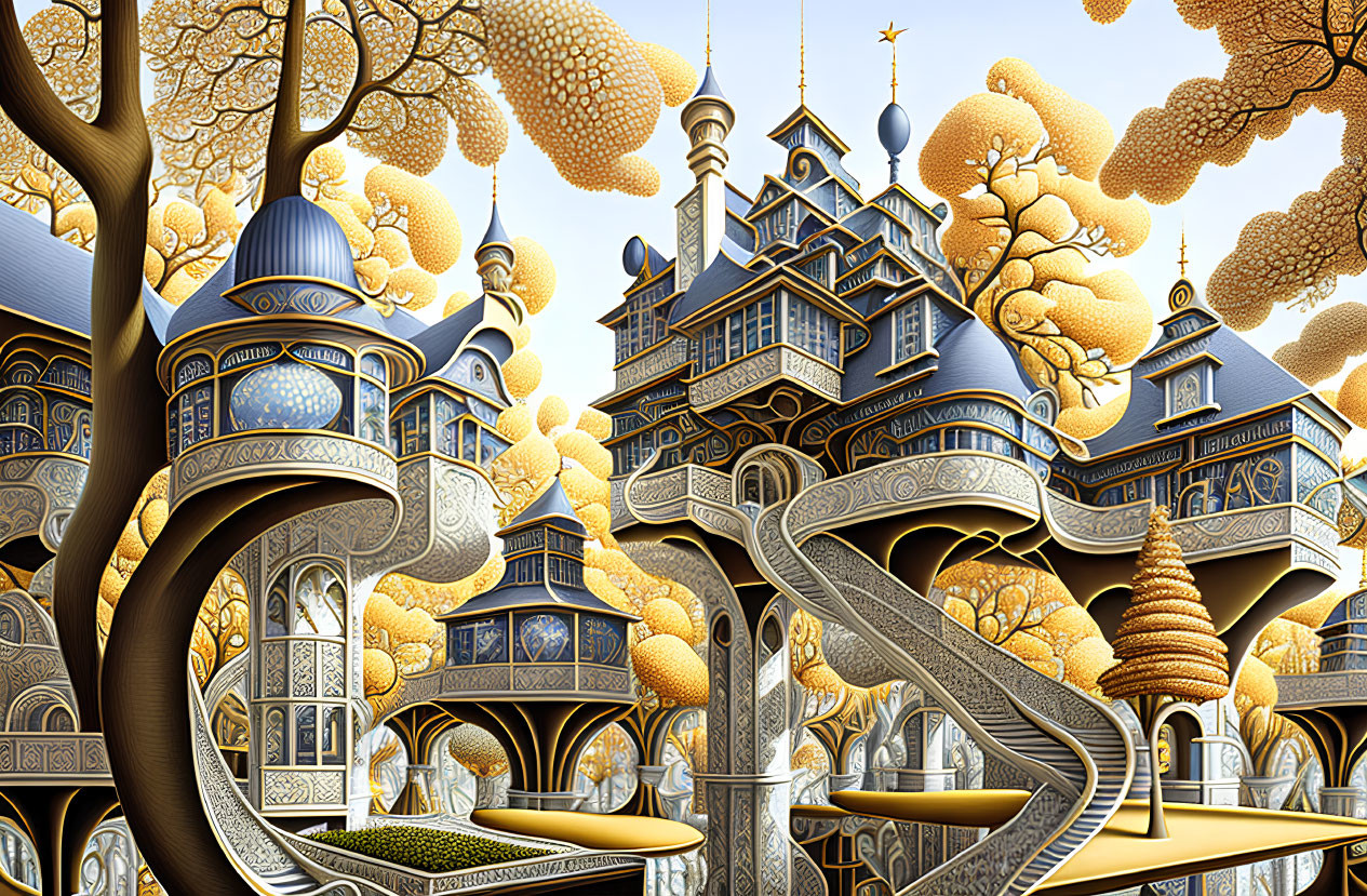 Fantastical Escher-esque architecture with golden foliage and stylized sky