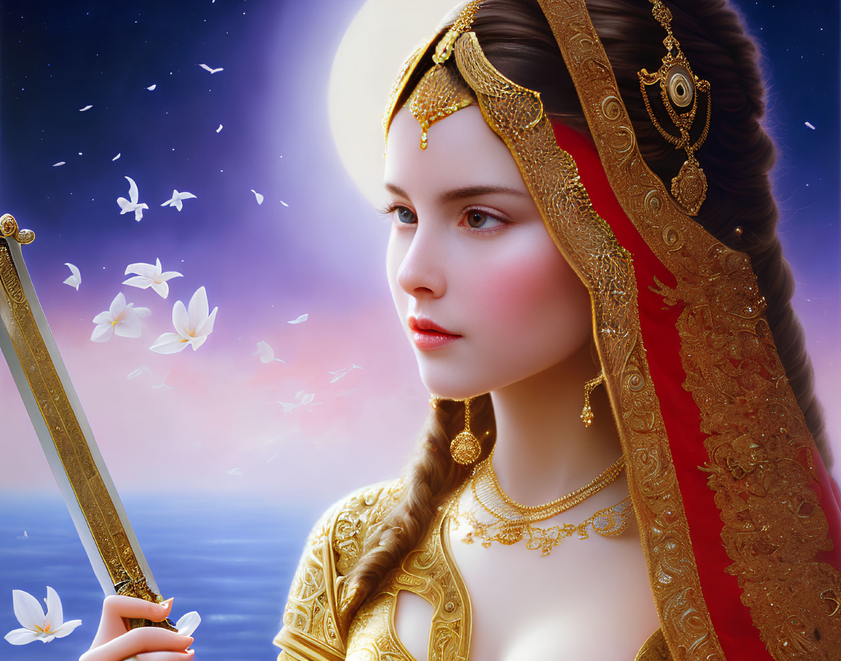 Digital artwork of woman with gold jewelry, headpiece, sword, mystical ocean backdrop