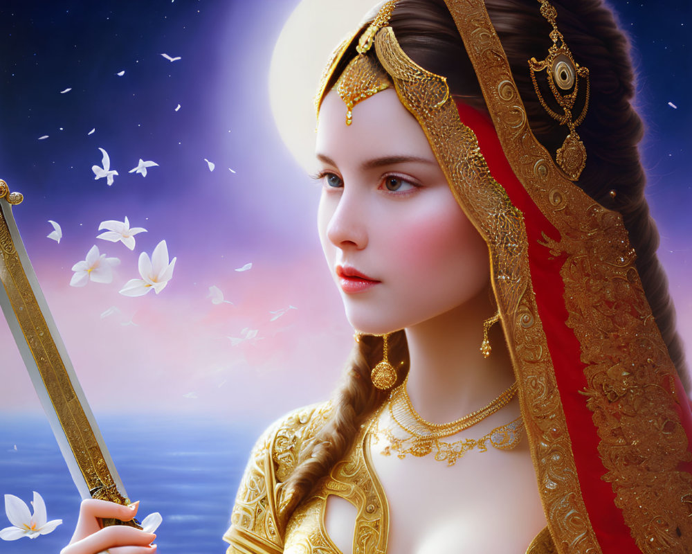 Digital artwork of woman with gold jewelry, headpiece, sword, mystical ocean backdrop