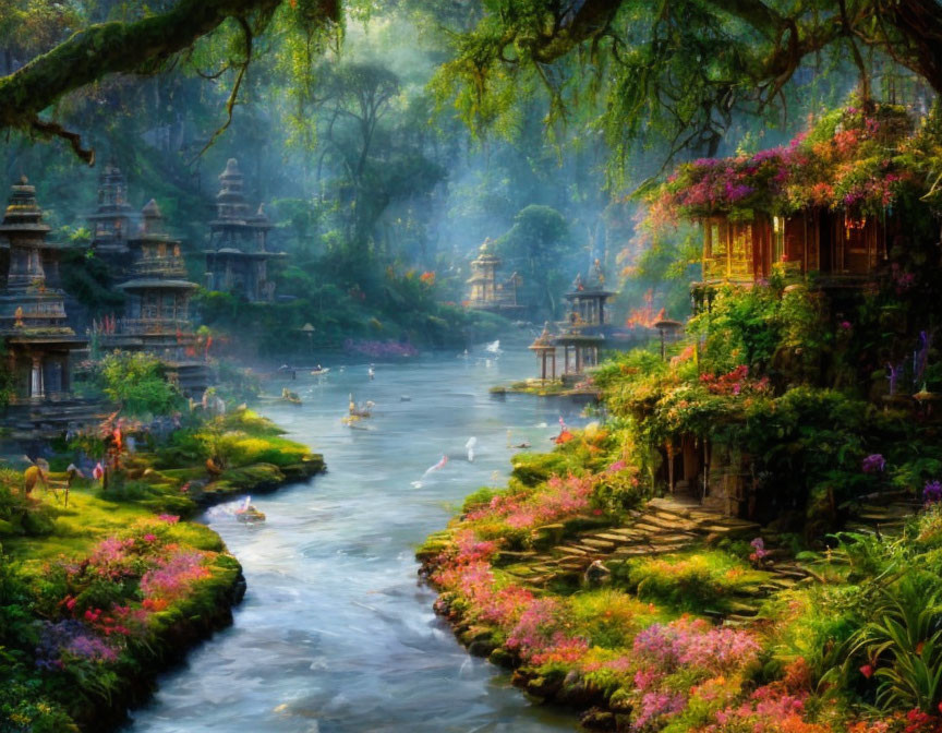 Tranquil river with greenery, flowers, temples, and swans