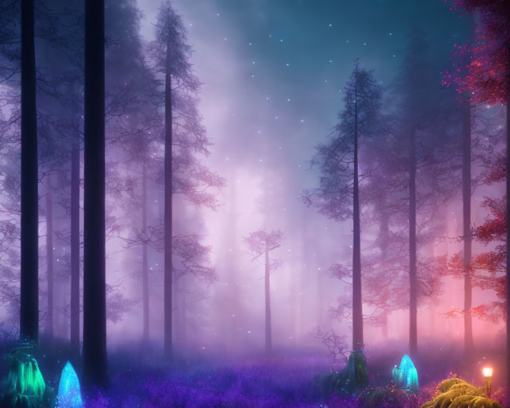 Enchanted forest with glowing crystals under starry sky