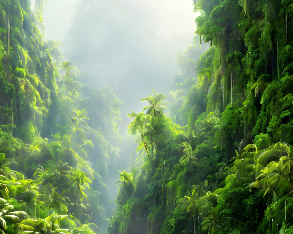 Lush Tropical Rainforest with Towering Trees and Misty Ambiance